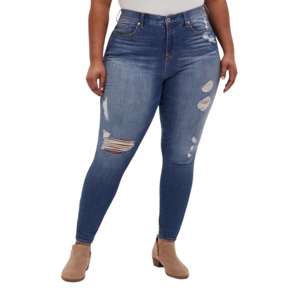 torrid Denim - Torrid Womens Jeans Sky High Skinny Blue Distressed Stretch Denim Pants Plus 18